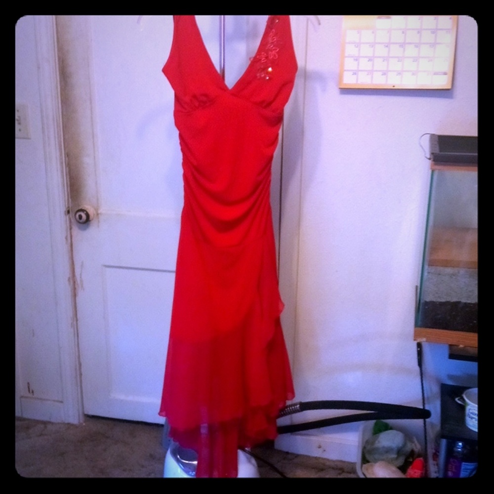Red halter party dress.